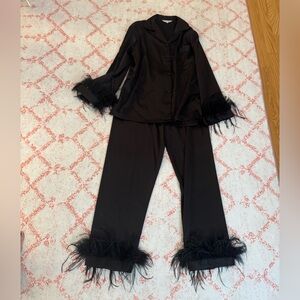 Elegant Black Feather Trim Pajama Set
